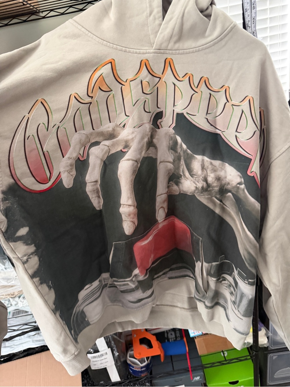 Beige Graphic Cropped Hoodie with Skeleton Hand Print